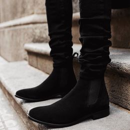 Black Boots Flock for Business Handmade Men Shoes Ankle Slip on Fashion 3643 Fashi