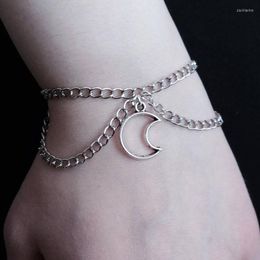 Link Bracelets Double Layer Moon Bracelet For Women Gothic Punk Thick Chain Bangle Accessories Vintage Silver Colour Jewellery VGH037