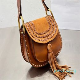 2022 Tassels Crossbody Horseshoe Bags Weave Women Vintage Handbags Rivet Shoulder Bags Crochet Flap Purse Cowhide Genuine Leather Multicolor Pouch