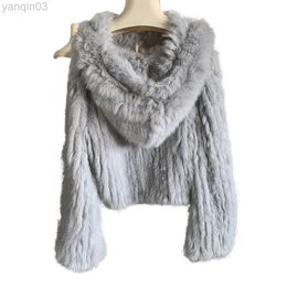 Women's fur Harppihop Knitted Real Women Fashion Long Rabbit Outfit Winter Fur Coat L220829