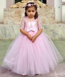 Girl Dresses Lovely Baby Girls' Pink Tulle Princess Flower Girl's For Wedding Party With Bow Lace Applique Jewel Neck Communion