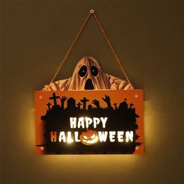 Other Event Party Supplies Halloween Door Sign with Lights Wooden Happy Halloween Porch Sign Horror Pumpkin Hanging Decor for Indoor Outdoor Home Wall 220829