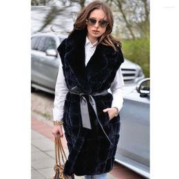 Women's Fur Fashion Navy Blue Genuine Rex Vest Turn-down Collar Natural Full Pelt With Leather Belts Outwear