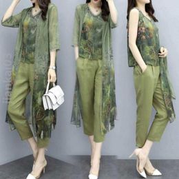 Women's Tracksuits Summer Green Chiffon Printed 3 Piece Set Women Plus Size Vest Top Cardigan Cropped Pants Elegant Suits Office Lady
