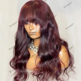 Body Wave Burgunday Human Hair Lace Frontal Wig for Women with Bangs 13x6 Lace Space Front Brazilian Remy Hairs Wigs 180 Density