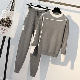 Womens Two Piece Pants Autumn Runway 2 Pieces Set Knitted Long Sleeve Pullovers Sweater Casual Patchwork fashio Jumper Tops and Suits Spring 220829