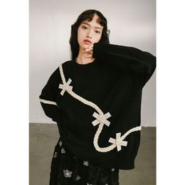 Women s Sweaters Bow Knot Sweater Black Knit Advanced O neck Autumn and Winter Loose Pullover Warm Knitted 220829