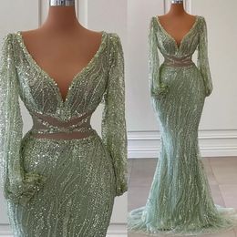 Sexy Illusion Mermaid Prom Dresses Long Sleeve Beaded Crystal V Neck Evening Gowns For Arabic Green Women Vestidos Party Dress