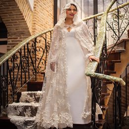 Luxury Muslim Wedding Dress With Lace Caped 2022 V Neck Satin Mermaid Church Country Bridal Gowns Elegant Women Robe De Mariee Vintage Dubai Vestido Noiva