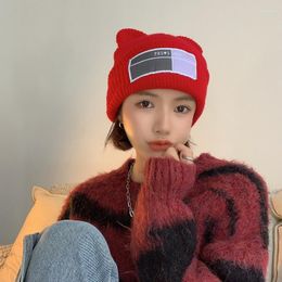 Berets Japanese Ins Cute Bear Ear Knit Hat Autumn And Winter Warm Earmuff Head Cold Patch Woollen