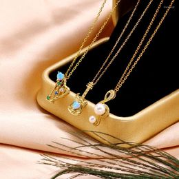 Pendants Other Women 9K Yellow Gold Guitar Natural Freshwater Pearl Musical Note Pendant Necklace Blue Opal Harp Chain Girls