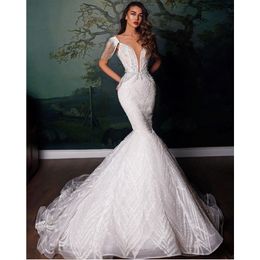 Mermaid Elegant Wedding Dress Sleeveless Deep V Neck 3D Lace Spaghetti Straps Appliques Sequins Beads Floor Length Bridal Gowns Custom Made Vestido de novia