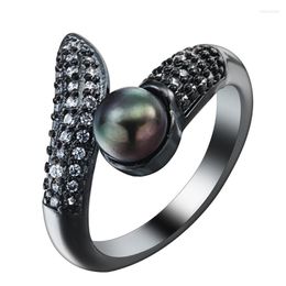 Wedding Rings Black Gun Finger Snake Design Simulated Pearl Micro Paved White Cz Zircon Adjust Ring For Women Distribution