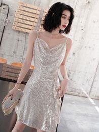 Party Dresses Spaghetti Strap Simple Sleeveless Mini A-Line Silver Sexy Woman Elegant Sequin Cocktail Vestido De Festa