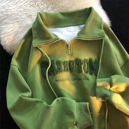 Womens Hoodies Sweatshirts American vintage green polo Tshirt female SS loose grunge bf thin section longsleeve shirts Hong Kong chic zipper jacket 220829