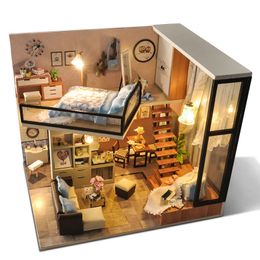 Architecture DIY House DIY Wooden Doll s Miniature Dollhouse Furniture Kit with LED Toys for children Christmas Gift 220829