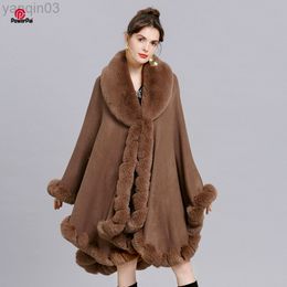 Women's fur Elegant V Lapel Faux Rex Rabbit Cape Winter Women Large Long Scarf Full Trim Fur Knit Coat Overcoat Parka 2022 New L220829