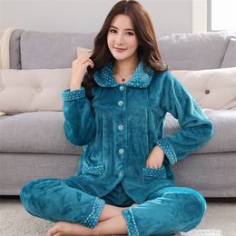 Women's Sleep Lounge Warm Flannel Pajamas Set For Women Thick Coral Velvet Long Sleeve Pyjamas Sets nightgown Pijama Suit Mujer female Homewear 220827