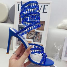 Sandali con tacco a spillo blu design di lusso leggero Ciondolo con strass di cristallo avvolto scarpe con anello piede Top quality 9.5CM Sandalo con tacco alto 35-43