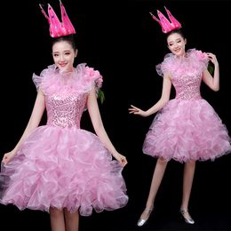 Stage Wear Modern performance Apparel Sleeveless Ballroom Dance costume Women Bubble dress Pink lovely clothing