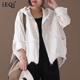 Women's Jackets IEQJ Autumn Pattern Office Lady Style Loose Solid Colour Vintage Washed Hooded Collar Full Sleeve Denim Coat AF638 220827