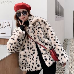 Women's fur 2022 New Plush Women Winter Short Korean Version Loose Faux Fur Leopard Print Jacket L220829