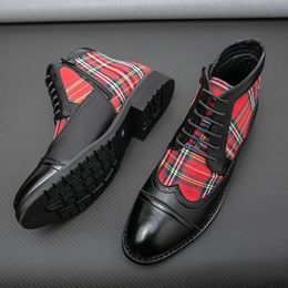 Boots British Retro PU Ankle ing Plaid Brock Lace Up Fashion Casual Street Party Everyday All match Men Shoes AD db