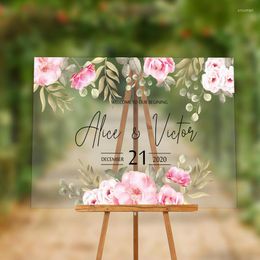 Party Decoration Personalized Pink Flower Printed Acrylic Wedding Welcome Sign Modern Entrance Clear Board