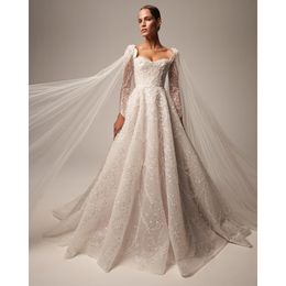 Wedding Dress A-Line Classic Lace Long Sleeves Bateau Backless Sweetheart Appliques Sequins Beads Plus Size Sparklling Ruffles Bridal Gowns Train robe custom made