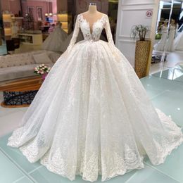 Princess Ball Gown Wedding Dresses Appliques V Neck Long Sleeves Sequins Beads Lace Ruffles Floor Length Sparkling Bridal Gowns Plus Size Custom Made