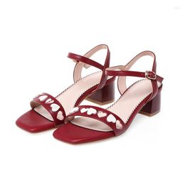 Sandals Women Prom Sweet Shoes Cut-outs Chunky Heels Heart-shaped Block Ankle Strap Med Cowskin