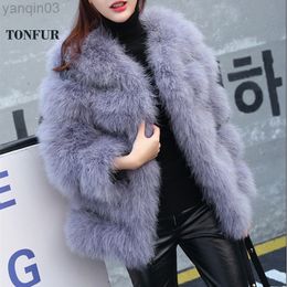 Women's fur Faux 2022 New Arrival Women Knitted Natural Ostrich Real Turkey Fur Coat Hot Selling Dropshipping Overcoat WSR113 L220829