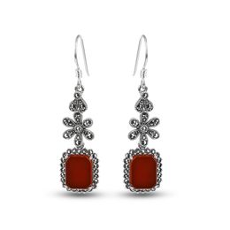 Simple Dangle S925 Sterling Silver Small Flower Women's Earrings With Geometric Pattern Inlaid with Agate Ladies Long Jewelry