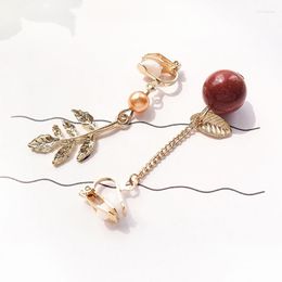 Backs Earrings Clip On Clip-on Leaves Earring Vintage Leaf Stones For Women Asymmetric Ear Without Piercing Accessories Party Jewelry