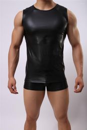 Men's Tank Tops Men Sexy Leather Vest Men's Faux Solid Colour Black Male Underwear Slim Gay Wear High Quality