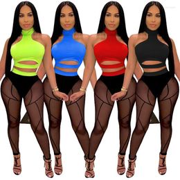 Women's Two Piece Pants Zoctuo Sexy Club Party Women Set Mesh See Though Tops Sweatpant Jogger Suit Tracksuit Cut Out 2Pcs Matching Outfit