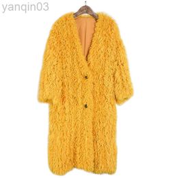 Women's Fur Natural knitted Mongolian sheep over women winter warm fur coat with pocket 95 cm extra longer size L220829