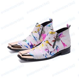 Fashion Multicolor Pattern Party Men Boots Square Toe Real Leather Ankle Boots Man Wedding Dress Shoes