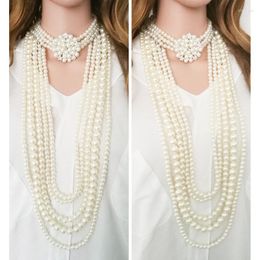 Chains Women Exaggerated Pearls Flower Long Sweater Chain Necklace Set Crystal Simulated Pearl Necklaces Bodychain Gifts