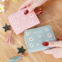 Wallets Women's Wallet Cute Student Tassel Pendant Short Simple Zipper Small Daisy PU Coin Purse Ladies Card Bag For Women