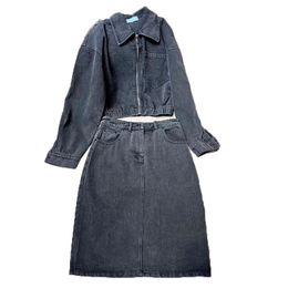 Women Denim Jackets Dress Fashion Zipper Coats Dresses Set Creative Lapel Neck Jacekt Skirts Suit Sets