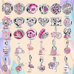handbags charms UK - 925 Silver bead fit Charms Pandora Charm Bracelet Pink Color Charm Flamingo Skull Handbag Heart Flower charmes ciondoli DIY Fine Beads Jewelry