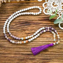beaded necklaces Australia - Pendant Necklaces 8mm Natural Amethyst Howlite Agate Beaded Necklace Meditation Yoga Blessing Jewelry 108Mala Rosary Tibetan Tassel