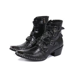 Buckle Strap Motorcycle Short Boots for Men Winter Increase Height Real Leather Man Boots Plus Size
