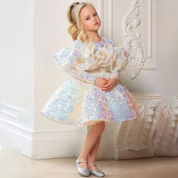 Sequined Flower Girl Dresses For Wedding Long Sleeve Litter Kids Toddler Knee Length Pageant Gowns First Communion Dress