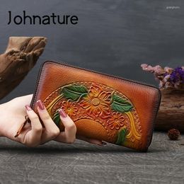 Wallets Johnature Embossed Vintage Long 2022 Genuine Leather Handmade Women Wallet Card Holder Leisure Phone Purse