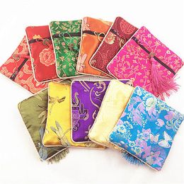 cheap wedding party favors NZ - Cheap Tassel Small Square Bags Chinese Silk Brocade Jewelry Zip Bags Coin Purse Bangle Bracelet Storage Pouch Wedding Party Favor 264P