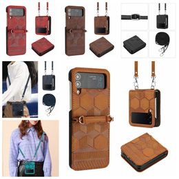 ZFlip4 Football Folding Leather Cases For Samsung Galaxy Z Flip 4 3 Flip4 Flip3 ZFlip3 Business Wallet Print Ball Grain Phone Cover Pouch Crossbody Shoulder Lanyard