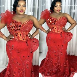 2022 Arabic Aso Ebi Red Mermaid Prom Dresses Beaded Crystals Sexy Evening Formal Party Second Reception Birthday Engagement Gowns Dress ZJ602