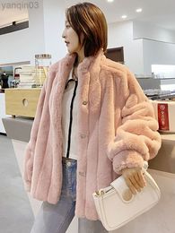 Women's fur Zadorin Korean Style ry Faux Mink Women Stand Collar Warmer Long Sleeve Pink Woman Winter Plush Fur Coats L220829